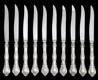 (10) GORHAM 'ALENCON LACE' STERLING HOLLOW HANDLED STEAK KNIVES