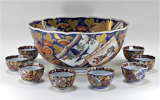 Japanese Imari Porcelain Punch Bowl w/ 8 Cups