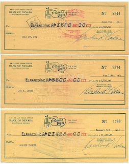 Three El Rancho Vegas Checks Made Out to Lili St. Cyr, Sophie Tucker, Joe E. Lewis with Their Signature Endorsements on the V