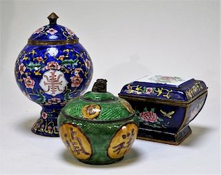 3 Chinese Enamel on Copper Covered Storage Boxes