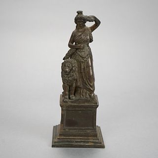 Antique Classical Cast Bronze Statue of a Woman & Lion, c1890