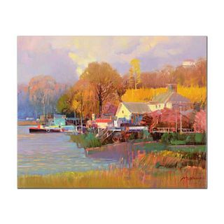 Ming Feng, "Summer House Dock" Original Oil Painting on Canvas, Hand Signed with Letter of Authenticity.