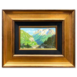 Alexander Akopov, "Majestic Peak" Framed Original Oil Painting on Board, Hand Signed with Letter of Authenticity.