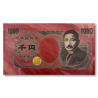 Steve Kaufman (1960-2010) "Japanese Money (1000)" Hand Signed and Numbered Limited Edition Hand Pulled silkscreen mixed media on Canvas with LOA.