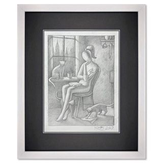 Mark Kostabi, "Lit Cats" Framed Original Drawing on Paper, Hand Signed with Certificate of Authenticity.