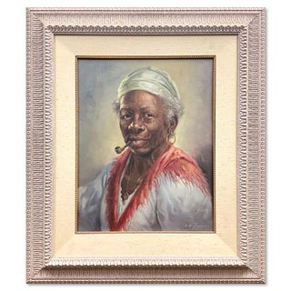 E. Migliaccio, "Old Peasant Woman" Framed Original Oil Painting on Canvas, Hand Signed with Letter of Authenticity.