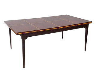 American Modern Mahogany and Maple Parquetry Inlaid Extension Dining Table by Tommi Parzinger, Parzinger Originals