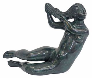 PATINATED BRONZE SCULPTURE, RECLINING FEMALE NUDE, MEXICO