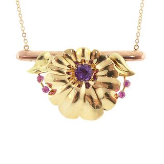 Retro 14K Rose & Yellow Gold, Amethyst, Ruby Pendant Necklace