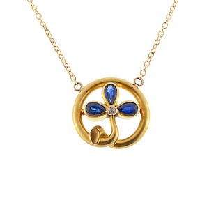 Art Nouveau 18K Gold Sapphire & Diamond Trefoil Pendant Necklace