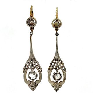 Art Nouveau 18k & Platinum Rose Cut Diamonds Drop Earrings