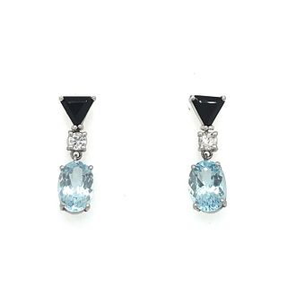Platinum Aqua Diamond Onyx Earrings