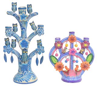 (2) CASTILLO & OTHER TREES OF LIFE POTTERY CANDELABRUM, MEXICO