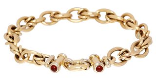 ESTATE ITALIAN 14KT YELLOW GOLD & RED CABOCHON CHAIN BRACELET