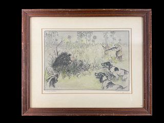 Kent Hagerman (American, 1893-1978) Signed Colored Etching Florida Wild Boar Hunt