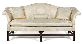 George III mahogany camelback sofa, ca. 1770, with molded square front legs, 37'' h., 80'' w.