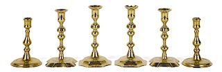 Three pairs of English Queen Anne brass candlesticks, 18th c., tallest - 7 1/4'' h. Provenance: Ren