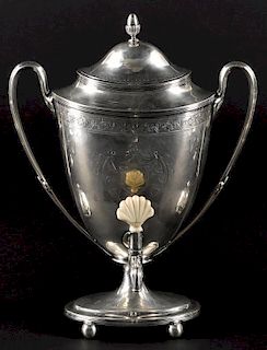Georgian silver hot water urn, 1798-1799, bearing the touch of John Emes, with engraved armorial a
