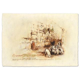 Brachi Horen, "Prayer At The Kotel" Hand-Embellished Mixed Media with Goldleaf, Hand Signed with Certificate of Authenticity!