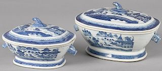 Two Chinese export porcelain Canton tureens, 19th c., 6 1/2'' h., 10 1/2'' w. and 7 1/2'' h., 13'' w.