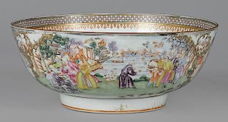 Large Chinese export porcelain mandarin palette punch bowl, early 19th c., 6 1/4'' h., 16'' dia.