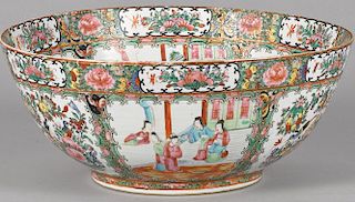Chinese export porcelain rose medallion punch bowl, 19th c., 7'' h., 16'' dia.