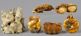 Six Japanese Meiji period carved ivory rat netsukes.