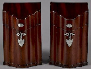 Pair of George III mahogany knife boxes, late 18th c., with silver mounts and a slide in fitted in