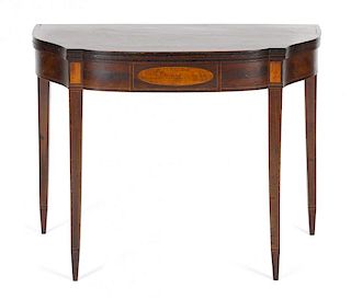New England Federal mahogany card table, ca. 1800, with line inlay and flame birch panels, 28 1/2''