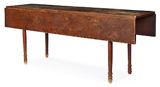 Sheraton painted pine harvest table, 19th c., retaining an old red surface, 28'' h., 20'' w., 72'' d.