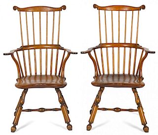 Rare pair of Philadelphia fanback Windsor armchairs, ca. 1790, with voluted ears and turnip feet,