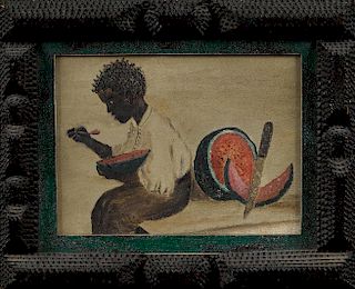Black Americana oil on board painting, ca. 1900, of a young boy eating watermelon, in a varnished