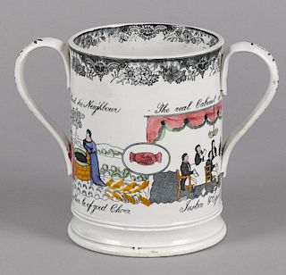 Staffordshire loving cup, 19th c., depicting The Real Cabinet of Justice & Equity, 7 1/2'' h.