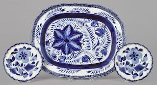 Pearlware blue feather edge platter and two plates, with vibrant floral decoration, platter - 15 3