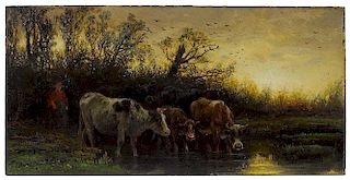 Peter Moran (American 1841-1914), oil on panel landscape with cows, signed lower left, 4 3/8'' x 8