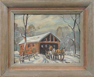 Bela DeTirefort (American 1894-1993), oil on board winter landscape with covered bridge, signed lo