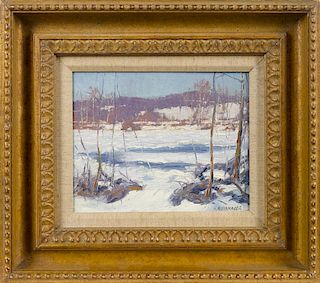 Alfred Nunamaker (American 1915-1988), oil on board titled New Hope Pa Frozen River, signed lowe