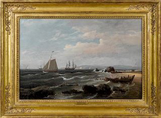Thomas Birch (American 1779-1851), oil on canvas coastal scene with ships, signed lower right and