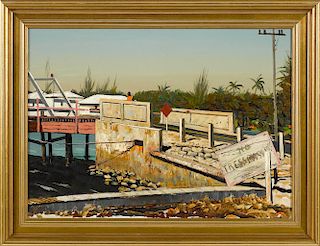 Stephen Etnier (American 1903-1984), oil on canvas coastal scene with bridge, unsigned, 20'' x 28''.