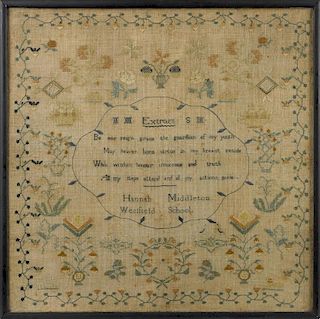 Quaker New Jersey silk on linen sampler, early 19th c., wrought by Hannah Middleton at the Westfie