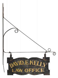 Painted iron trade sign for David E. Kelly Law Office, ca. 1900, 61 1/2'' x 45 1/4''.