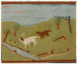 American hooked rug, early 20th c., depicting two hunting dogs in a landscape, 42'' x 50''.