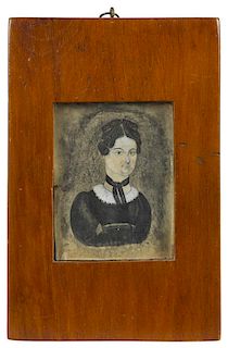 Miniature ink and watercolor folk portrait of a woman, ca. 1830, 3 1/2'' x 2 3/4''.