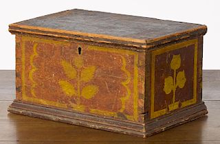 Painted pine lock box, 19th c., attributed to the Stirewalt Group, New Market, Virginia, with yell