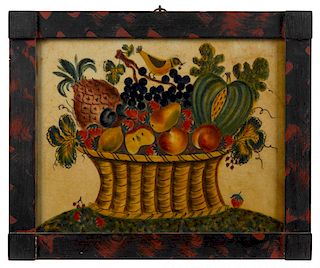 David Ellinger (American 1913-2003), oil on velvet theorem of a basket of fruit, initialed upper r