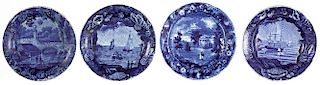 Four Historical blue Staffordshire cup plates, 3 3/4'' dia.