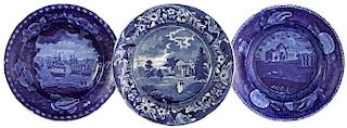 Three Historical blue Staffordshire plates, depicting Mount Vernon, Commodore MacDonnough's Victor