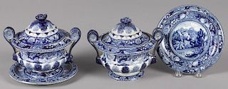 Pair of blue Staffordshire covered bowls, with underplates decorated with country scenes, 7 1/2'' h