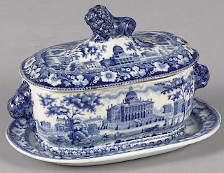 Historical blue Staffordshire Boston State House sauce tureen and undertray, 5 1/4'' h., 8'' w.