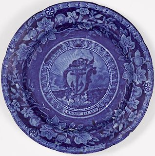 Historical blue Staffordshire Arms of Rhode Island plate, 8 1/2'' dia.
